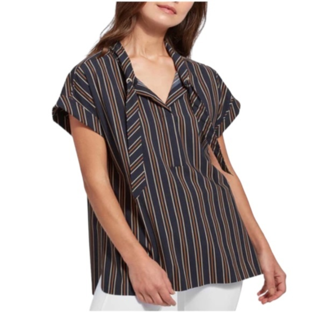 Lysse Womens Small Eloise Tie Top Stripe Blouse Short Sleeve Spandex Black